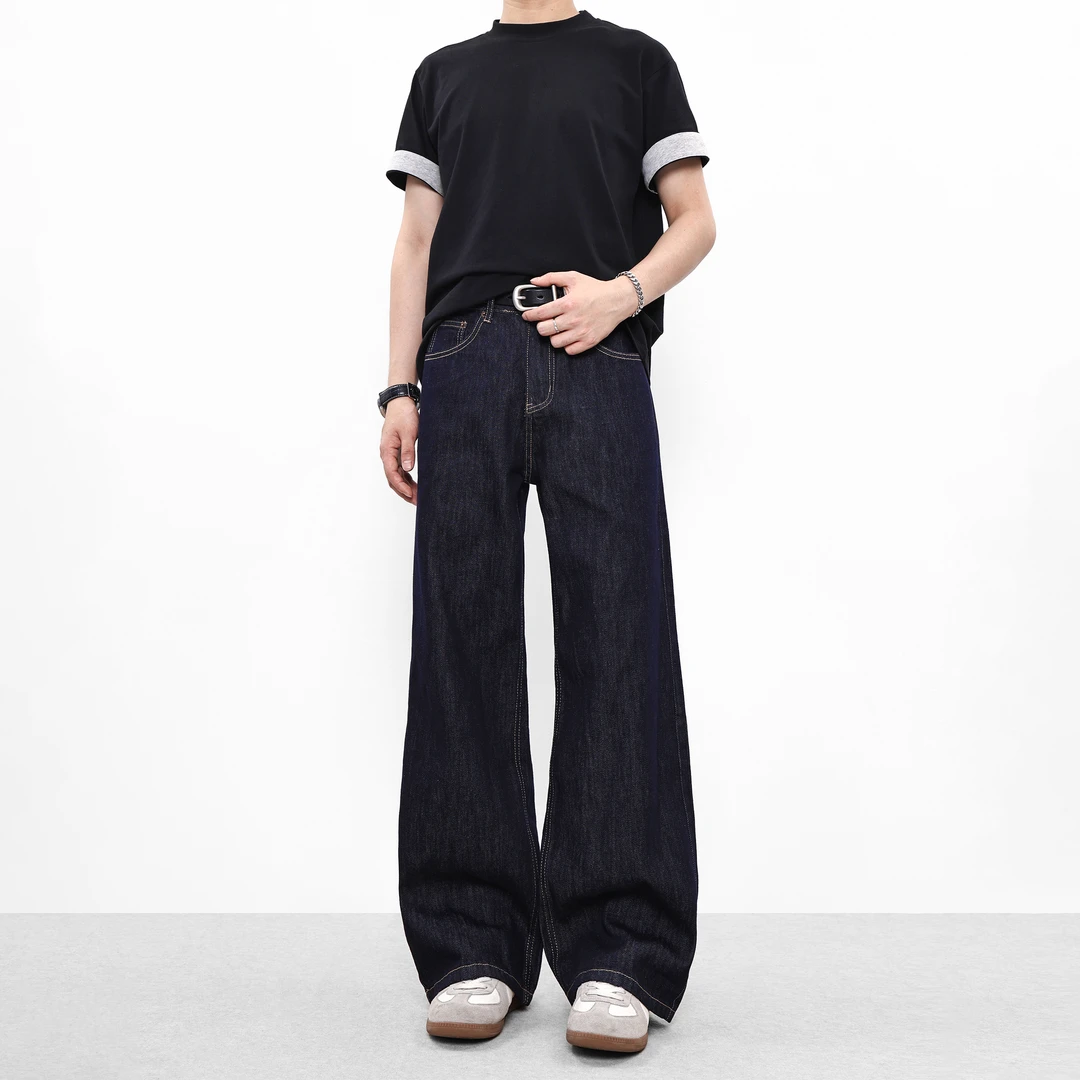 丹宁蓝复古简约基础原牛蓝色牛仔裤男水洗直筒宽松裤CK922