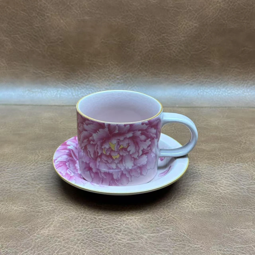 桃子茶器 粉汝窑咖啡杯 杯垫-牡丹-4344（直播专享）