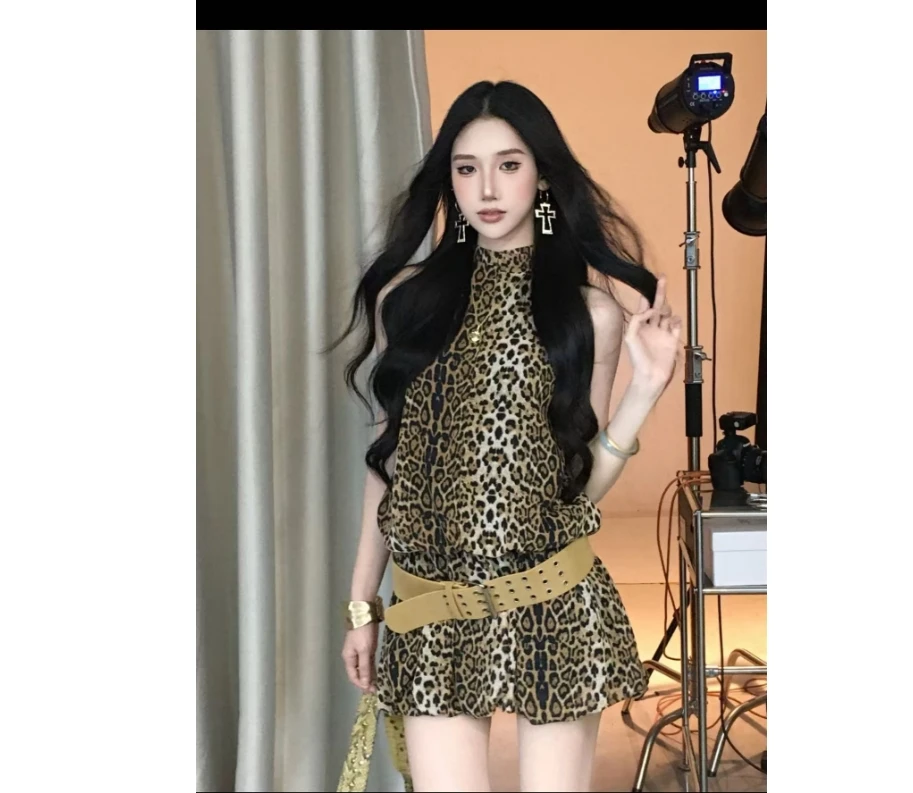PRO813美式辣妹豹纹挂脖女夏季性感露背气质收腰雪纺连衣裙含腰带