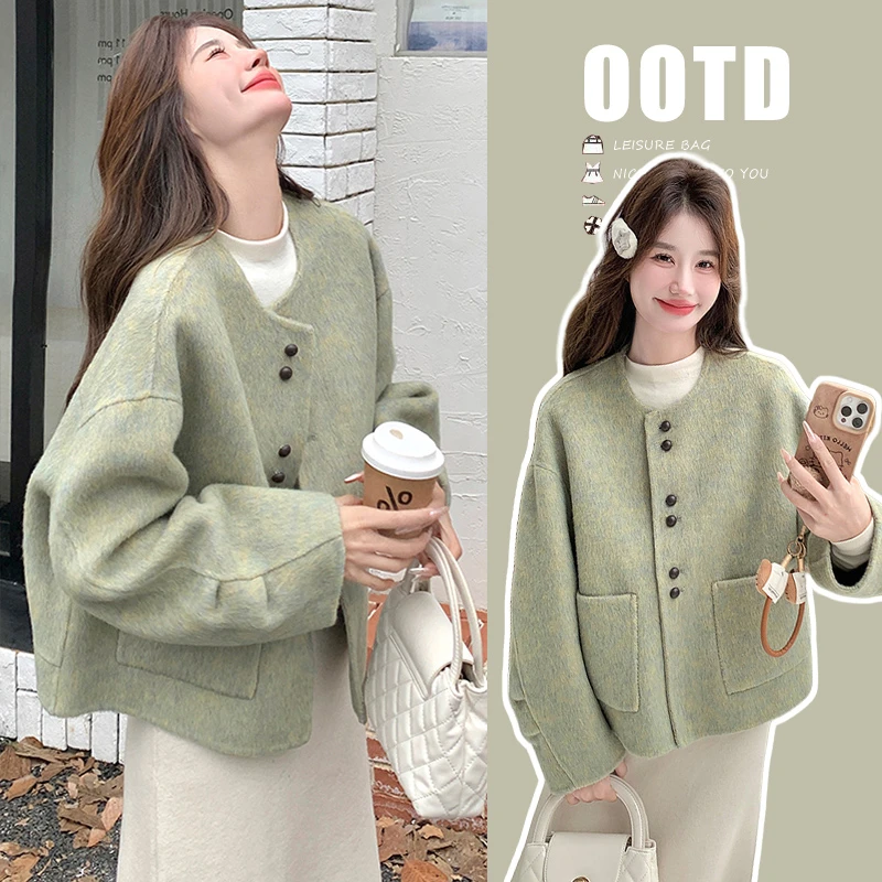 2025新款孕妇装秋冬套装时尚小香风毛呢外套+米白毛呢半身裙套装