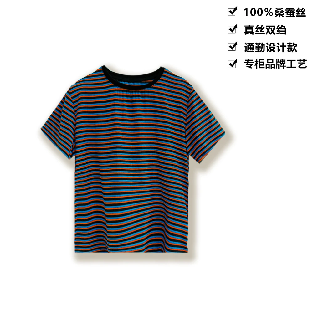 100桑蚕丝真丝双绉炫彩红蓝黑条纹桑蚕丝女短袖T恤DXB71