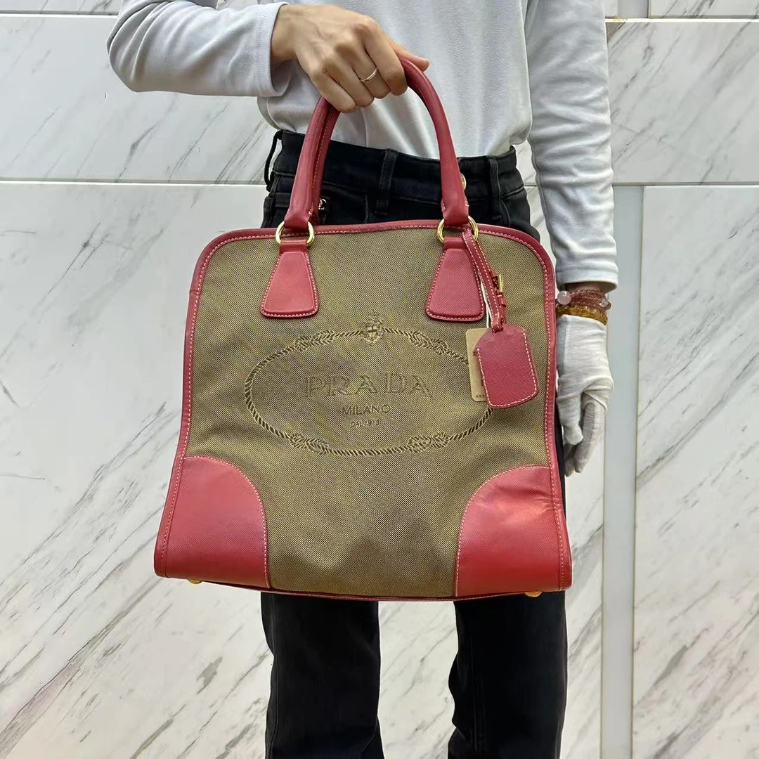 95新 Prada/普拉达 卡其色拼红皮手提包/云海优选/H22871