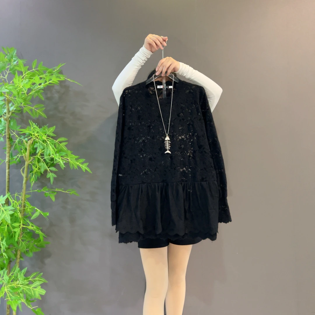 大码女装秋季新款时尚打底衫女韩版洋气设计感拼接蕾丝长袖大衫潮