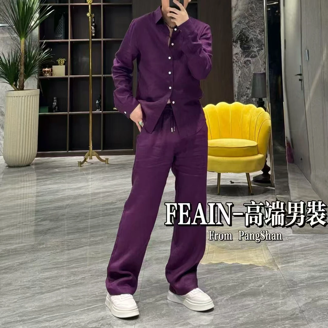 【100%亚麻】高端定制男士进口亚麻休闲四件套7773