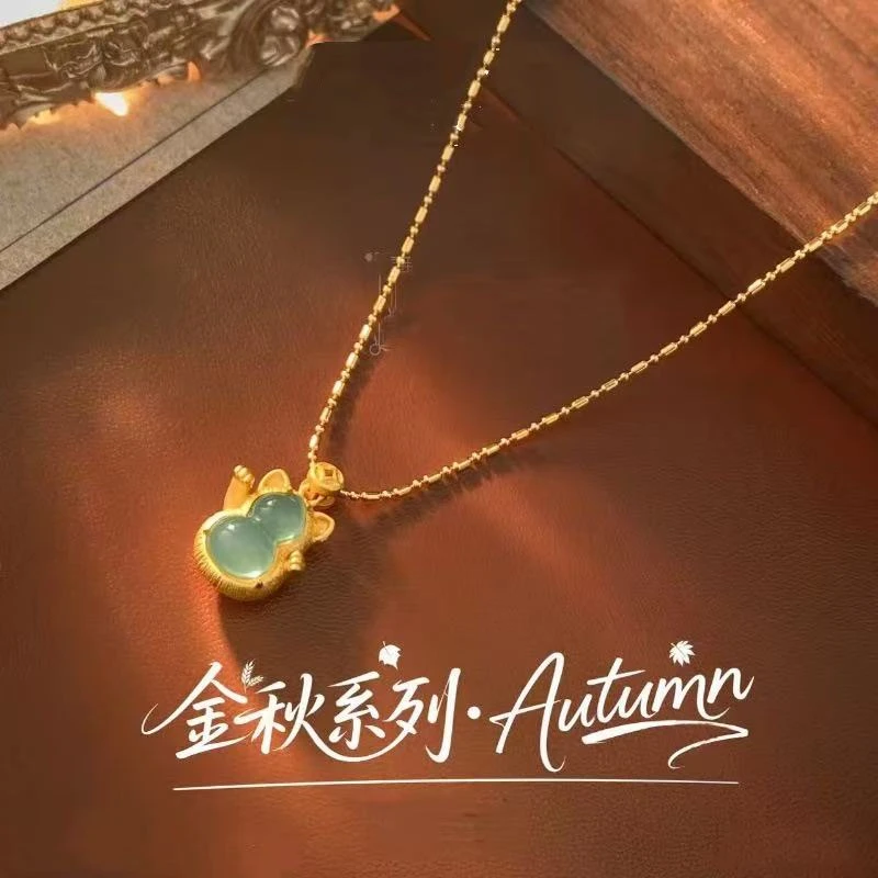 铜合金项链 绿色可爱小猫新中式葫芦项链轻奢高级感百搭新款爆款