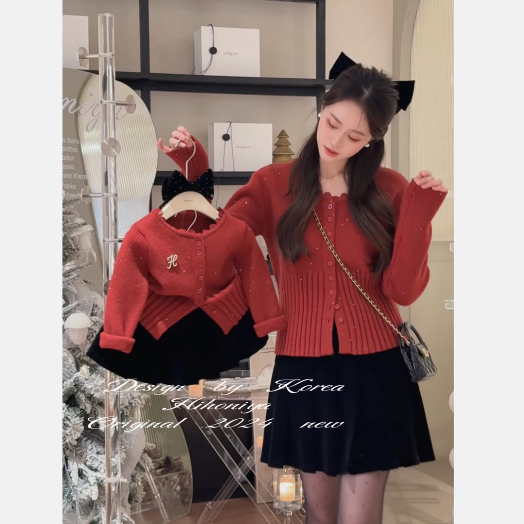 【彼岸花】五Hihoniya~2024冬季亲子款红色蕾丝边韩版小香重工毛衣