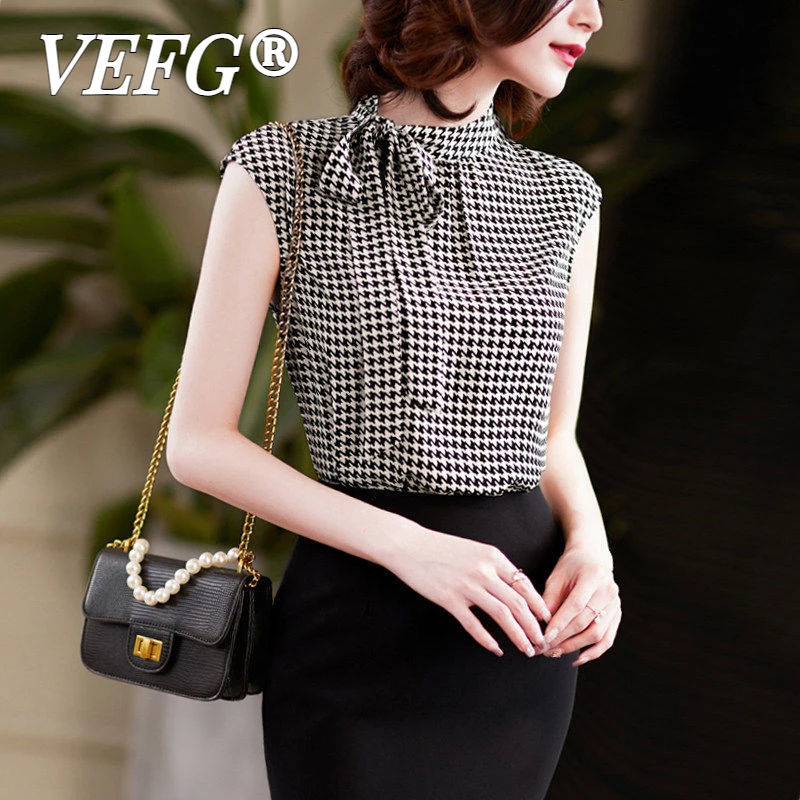 VEFG2025夏季新款飘带千鸟格雪纺衫女短袖气质蝴蝶结设计感小众女