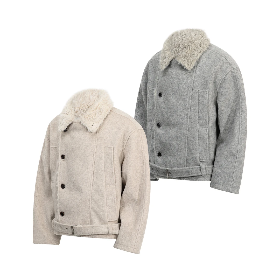 小众复古高级感双排扣毛领棉服男女冬季休闲羊毛混纺保暖短款外套