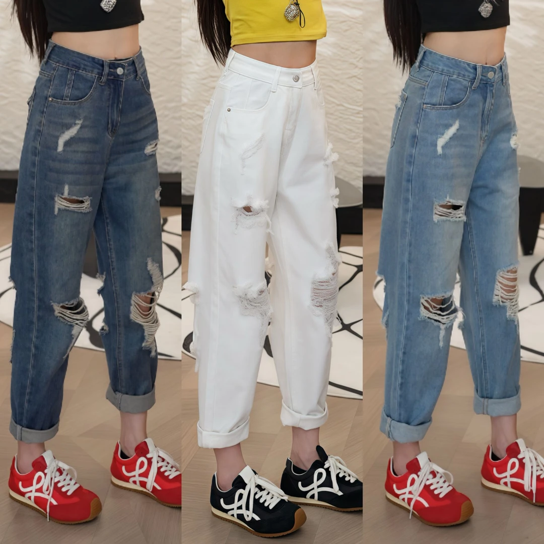 妮子家破洞牛仔裤2025新款夏季九分高腰宽松牛仔老爹垮裤女薄款