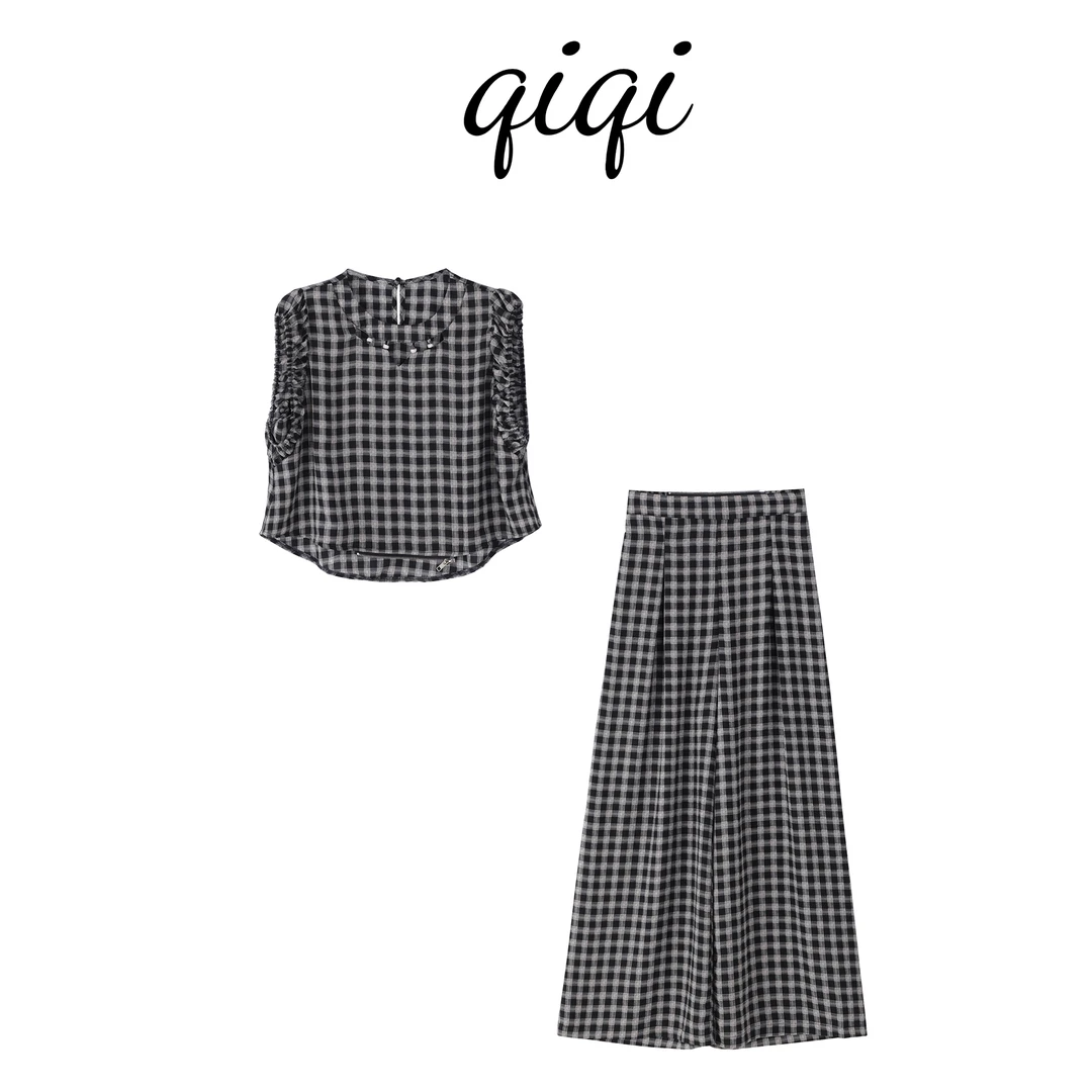高端气质棋盘格套装2025夏季新款复古短袖衬衫阔腿裤两件套L0233