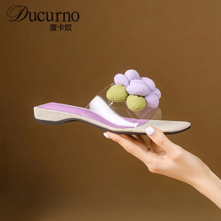 DUCURNO时尚花朵透明一字拖鞋女2025新款舒适平底鞋外穿露趾凉鞋