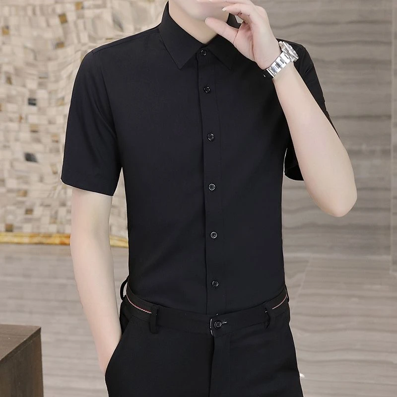 夏季休闲衬衣男士黑色高级寸衫修身商务正装抗皱上衣短袖衬衫免烫