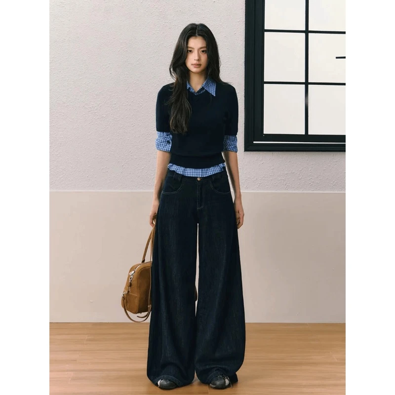 2024秋装新款小众设计感短袖修身毛衣蓝色搭配格纹衬衫女