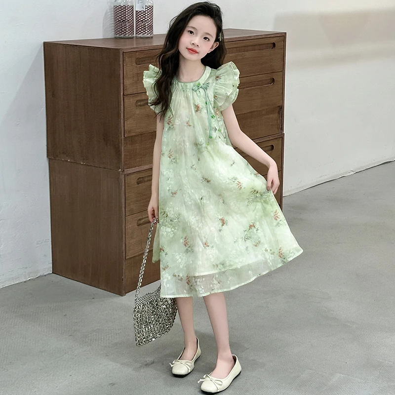 女童新中式国风连衣裙2025新款女大童夏季无袖雪纺裙儿童旗袍裙子