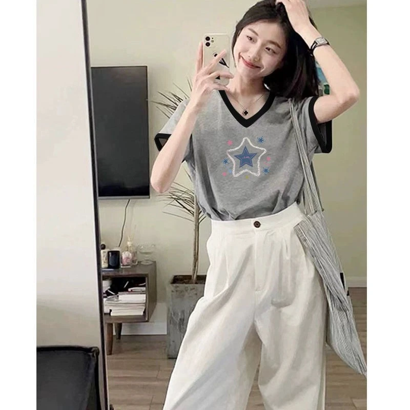 正肩小个子灰色短袖t恤夏季V领薄款新款低领宽松显瘦基础款上衣