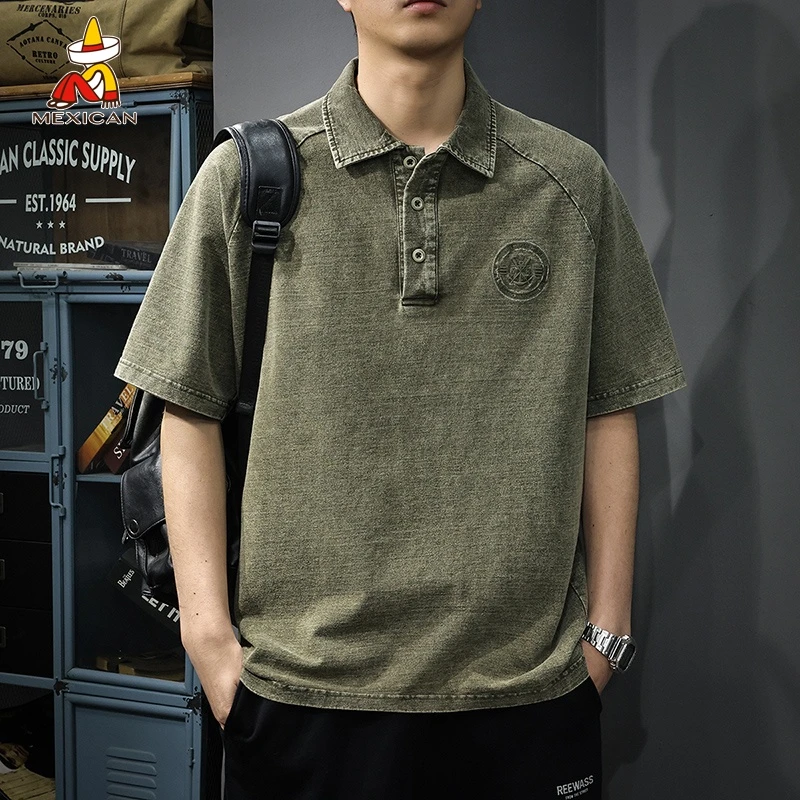 Mexican/稻草人山系牛仔短袖polo衫男款夏季美式休闲翻领工装体恤