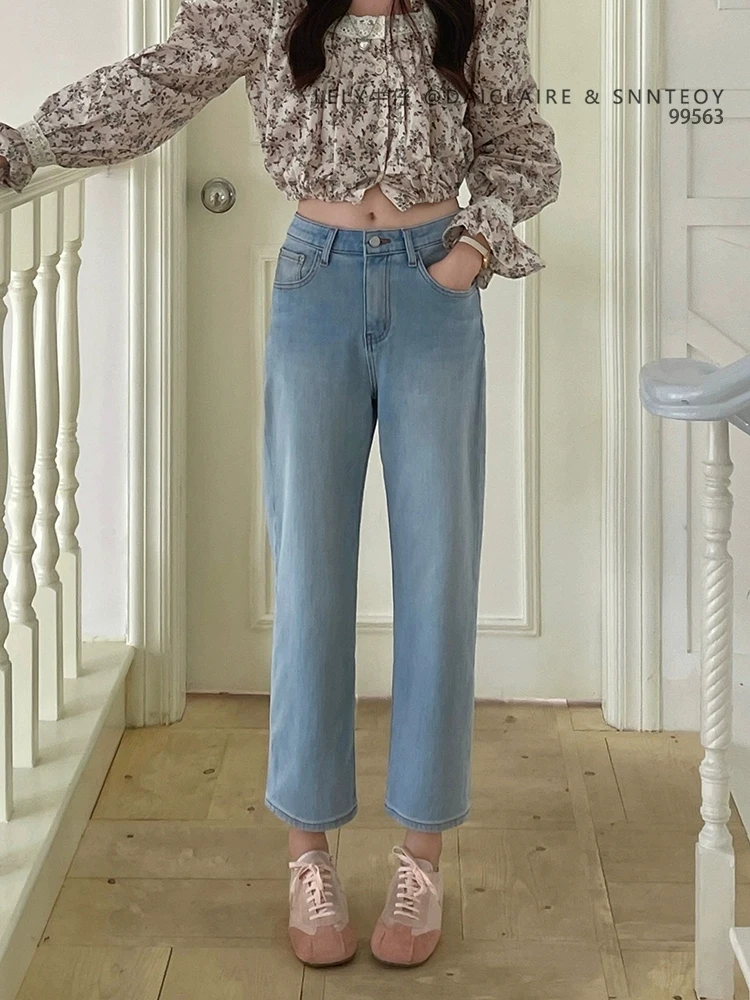 代嘉儿99563直筒牛仔裤女2025夏季薄款浅蓝色高腰显瘦九分法棍裤