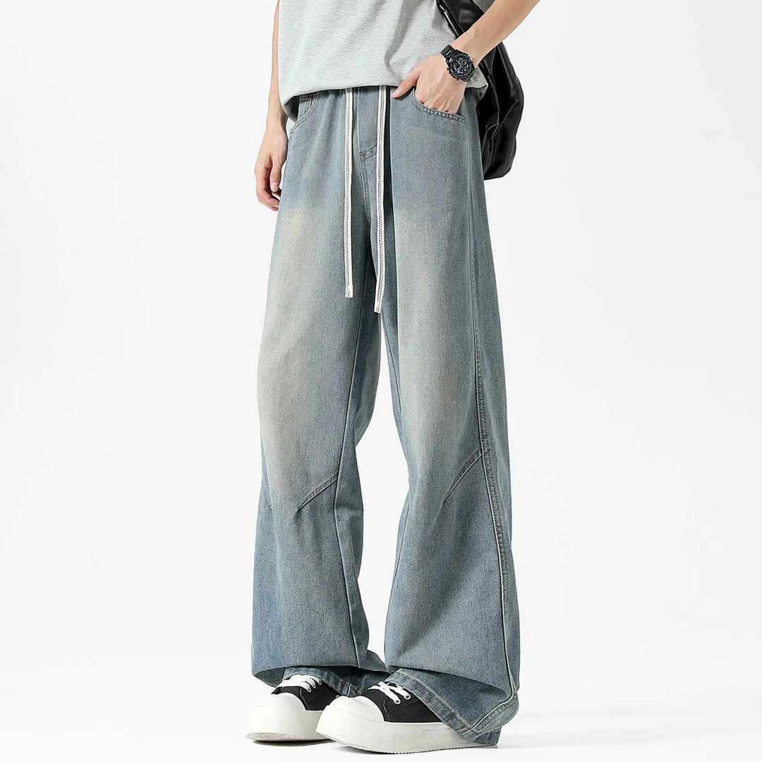 春夏抽绳水洗渐变百搭帅气修身牛仔裤美式高街牛仔裤宽松休闲男装