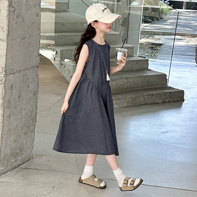 女童连衣裙2025夏季新款儿童格子公主裙小女孩无袖背心裙棉布裙子