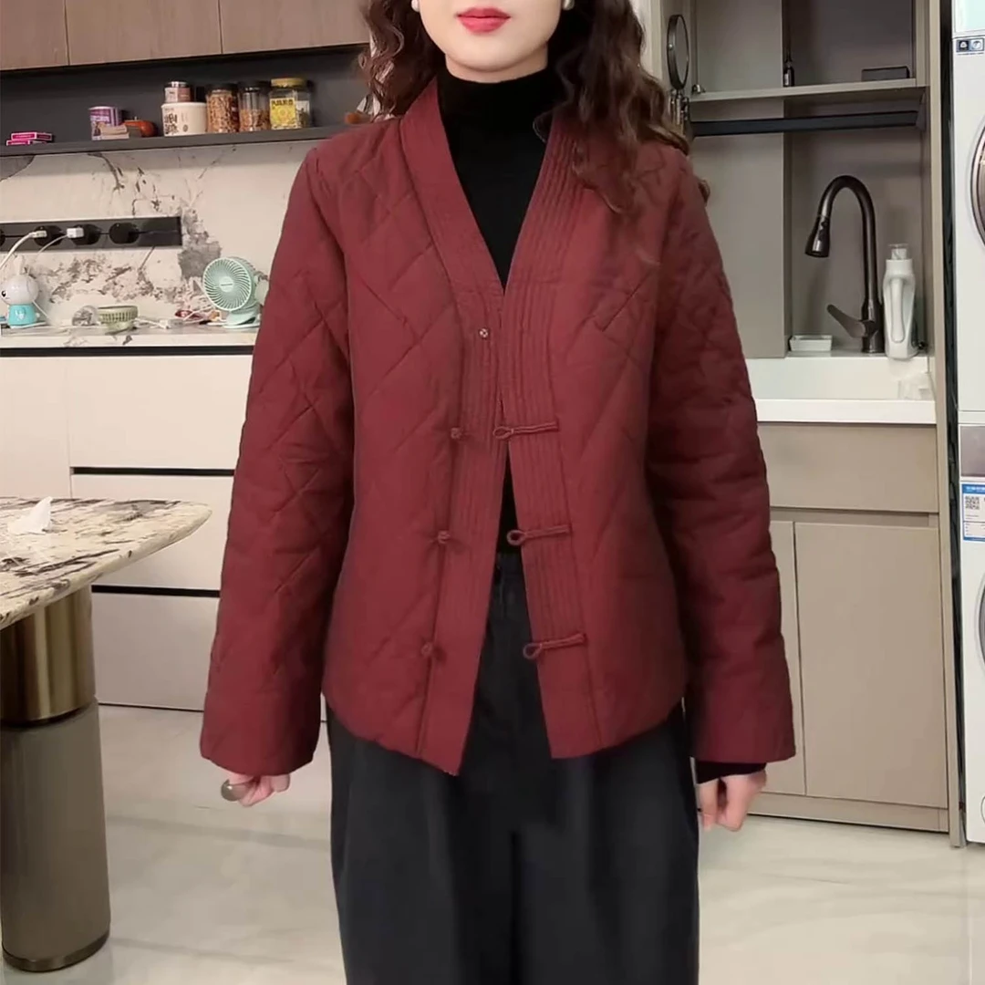 2025秋冬设计款盘扣宽松显瘦菱格外套新中式复古时尚V领保暖棉衣