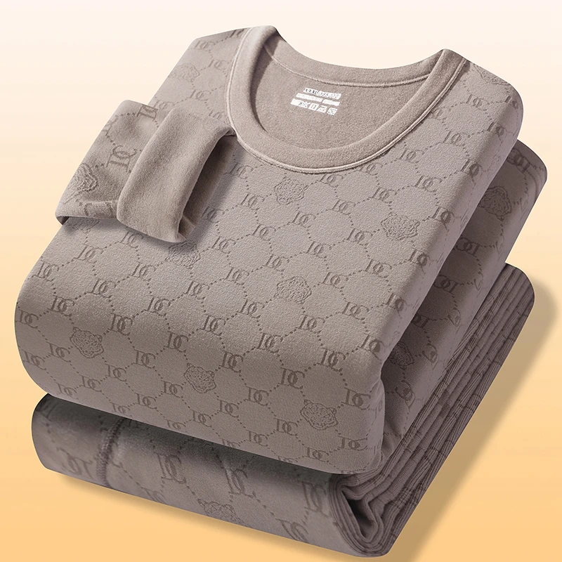 2025冬季新款双面德绒男士保暖内衣套装圆领提花秋衣秋裤打底衫
