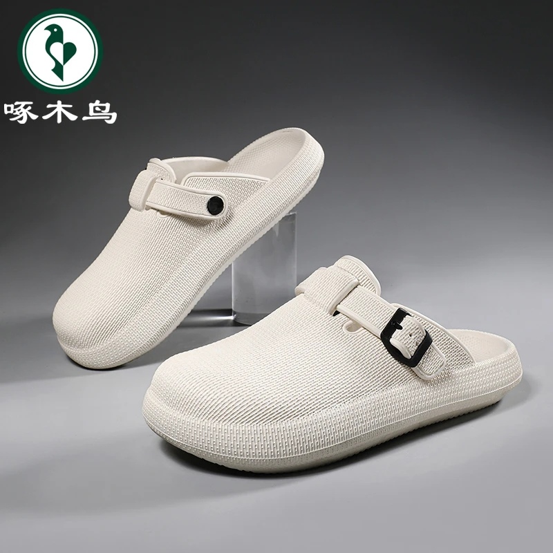 【正品】啄木鸟男鞋夏季透气百搭一脚蹬勃肯鞋子男款外穿包头半拖鞋