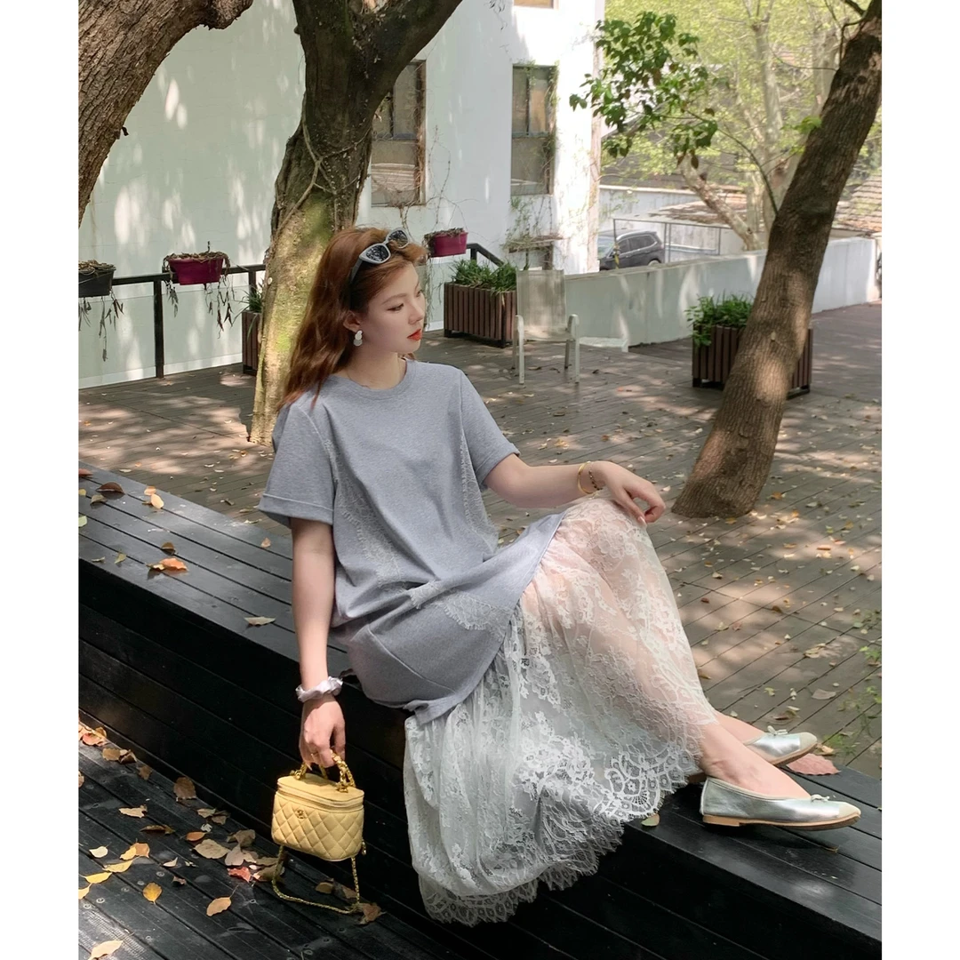 李潇洒【泡沫之夏】微胖大码女夏百搭显瘦拼接蕾丝连衣裙ZY504F69