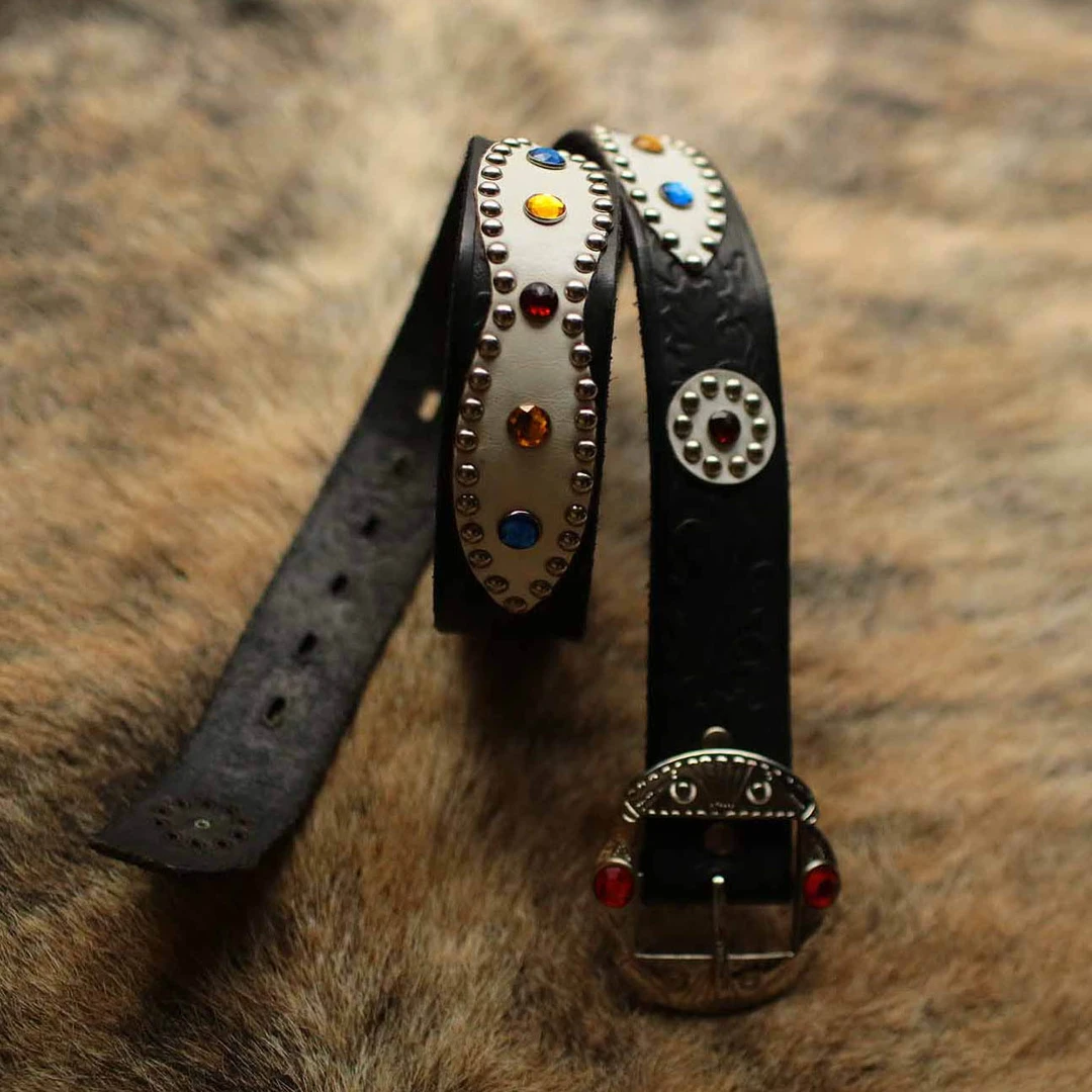 美式复古西部世界黄石手工宝石铆钉雕花牛皮腰带百搭黑色男士女士