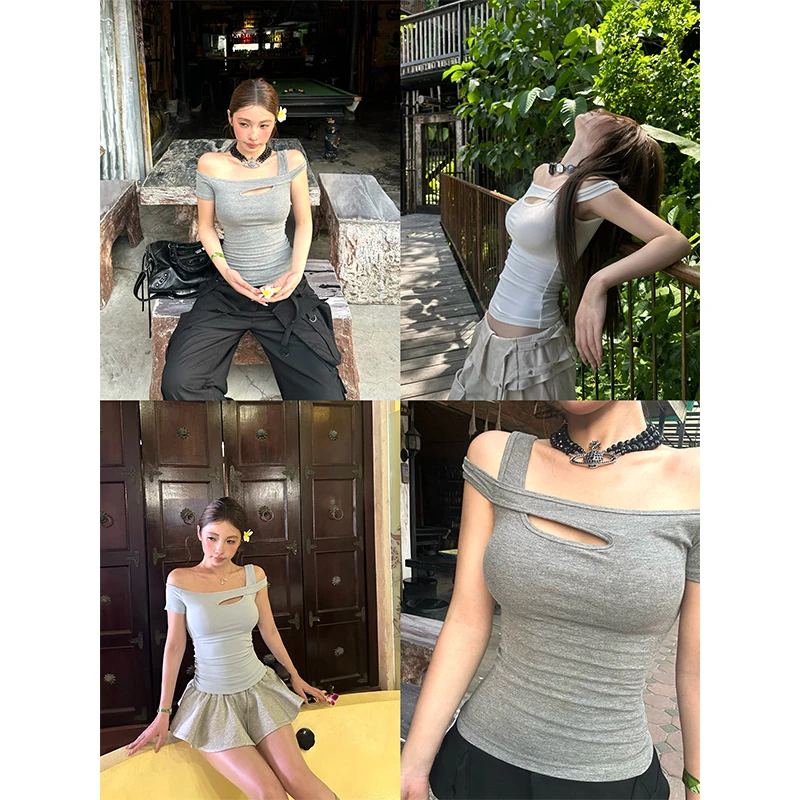 FuunJ◆佩里斯香肩 设计感修身一字肩短袖T恤女收腰露肩辣妹上衣