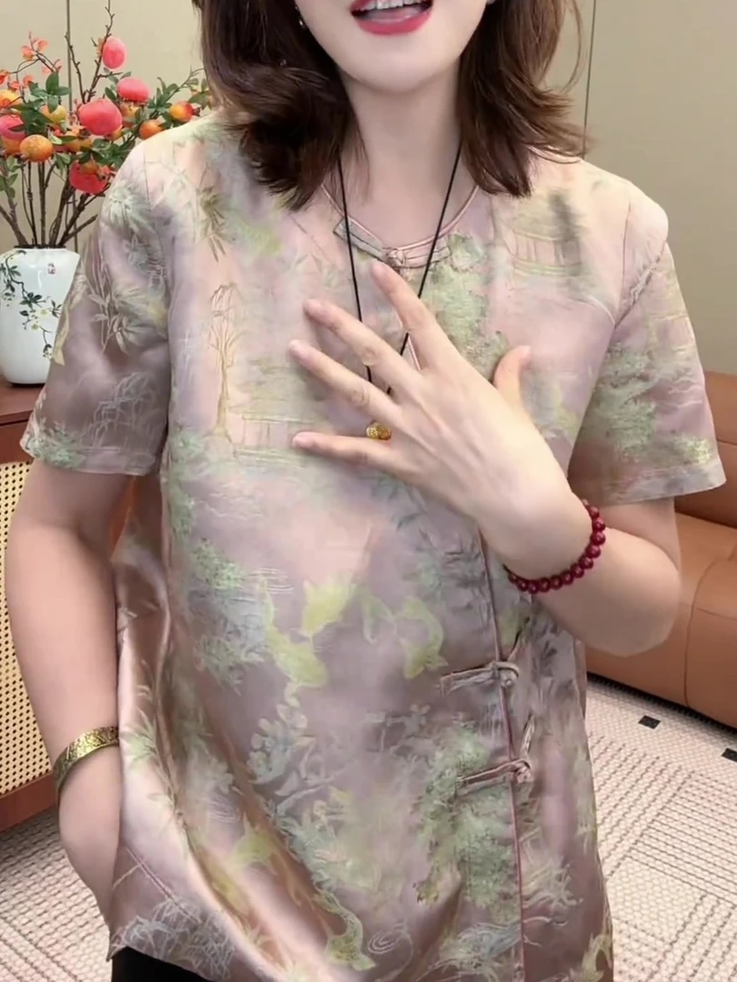 新中式独特印花圆领短袖衬衫2025年夏季新款国风盘扣斜襟门上衣女