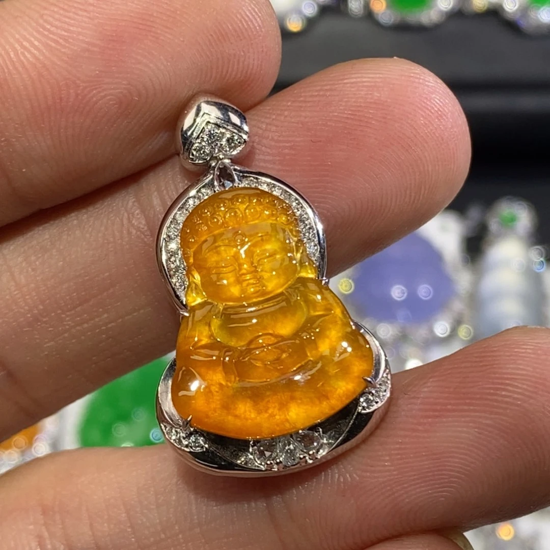 吊坠(不含链)18K金镶嵌翡翠冰黄佛公