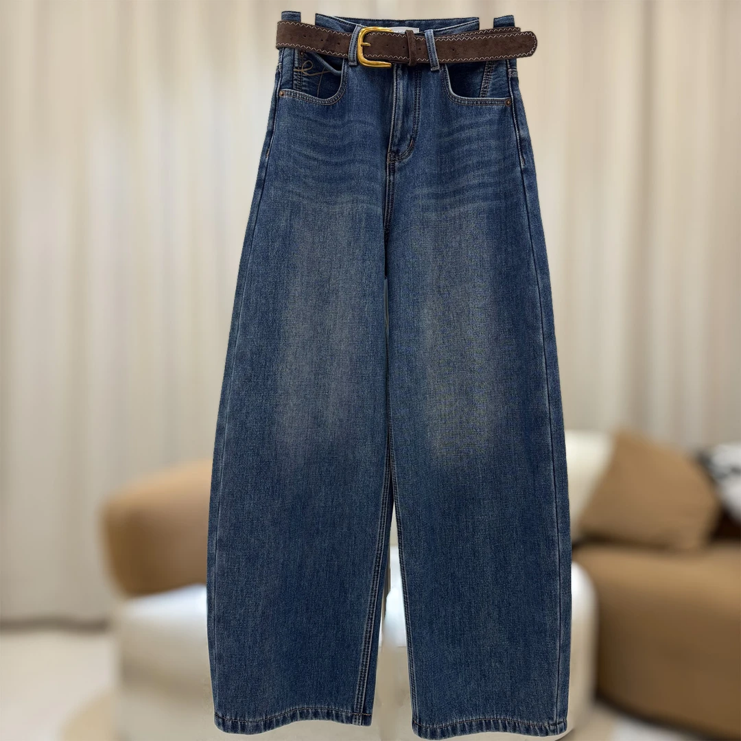 zaw大码女装加绒阔腿弯刀牛仔裤女秋冬季宽松显瘦胖mm裤子/25491