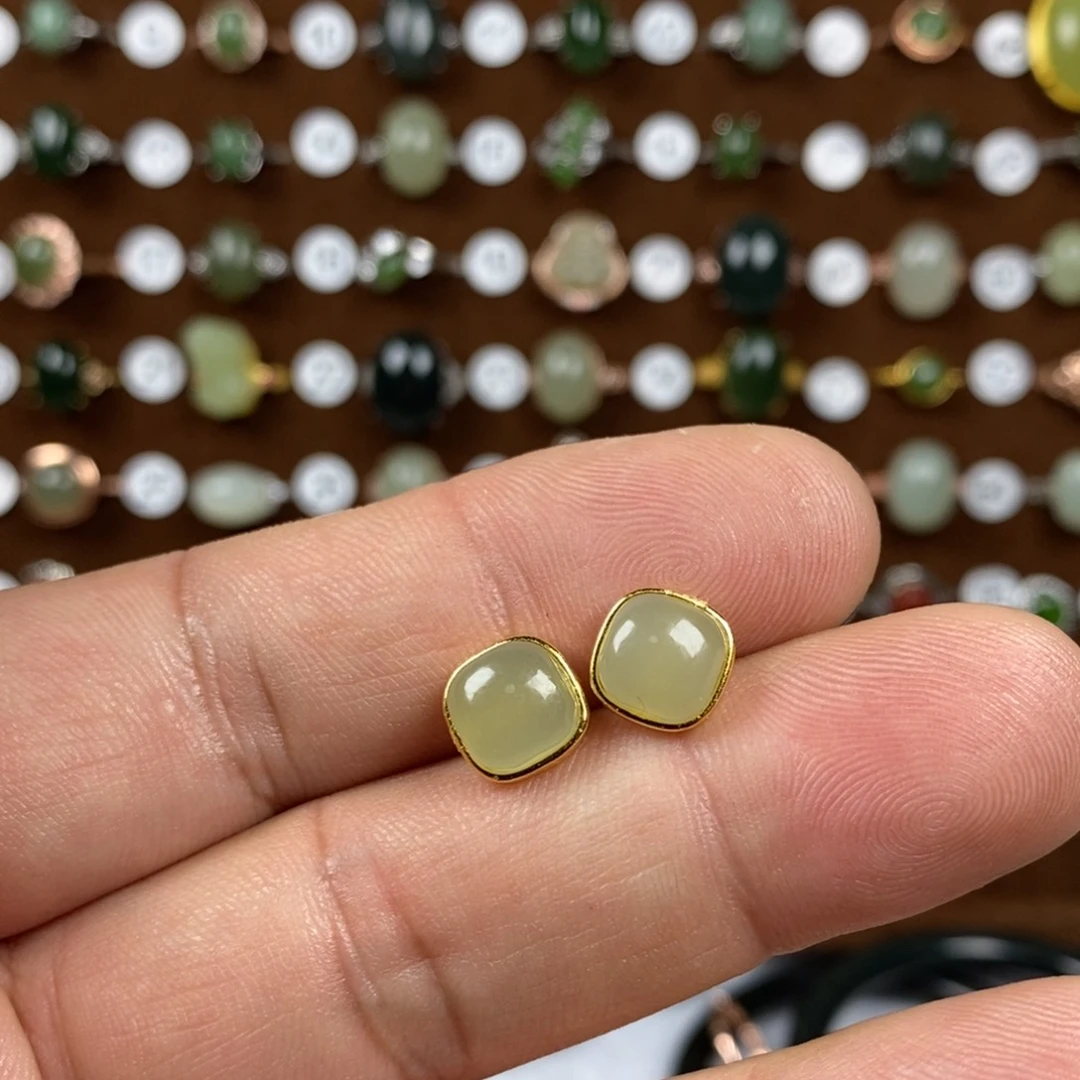 和田玉（青白玉）戒指银S925镀金镶嵌