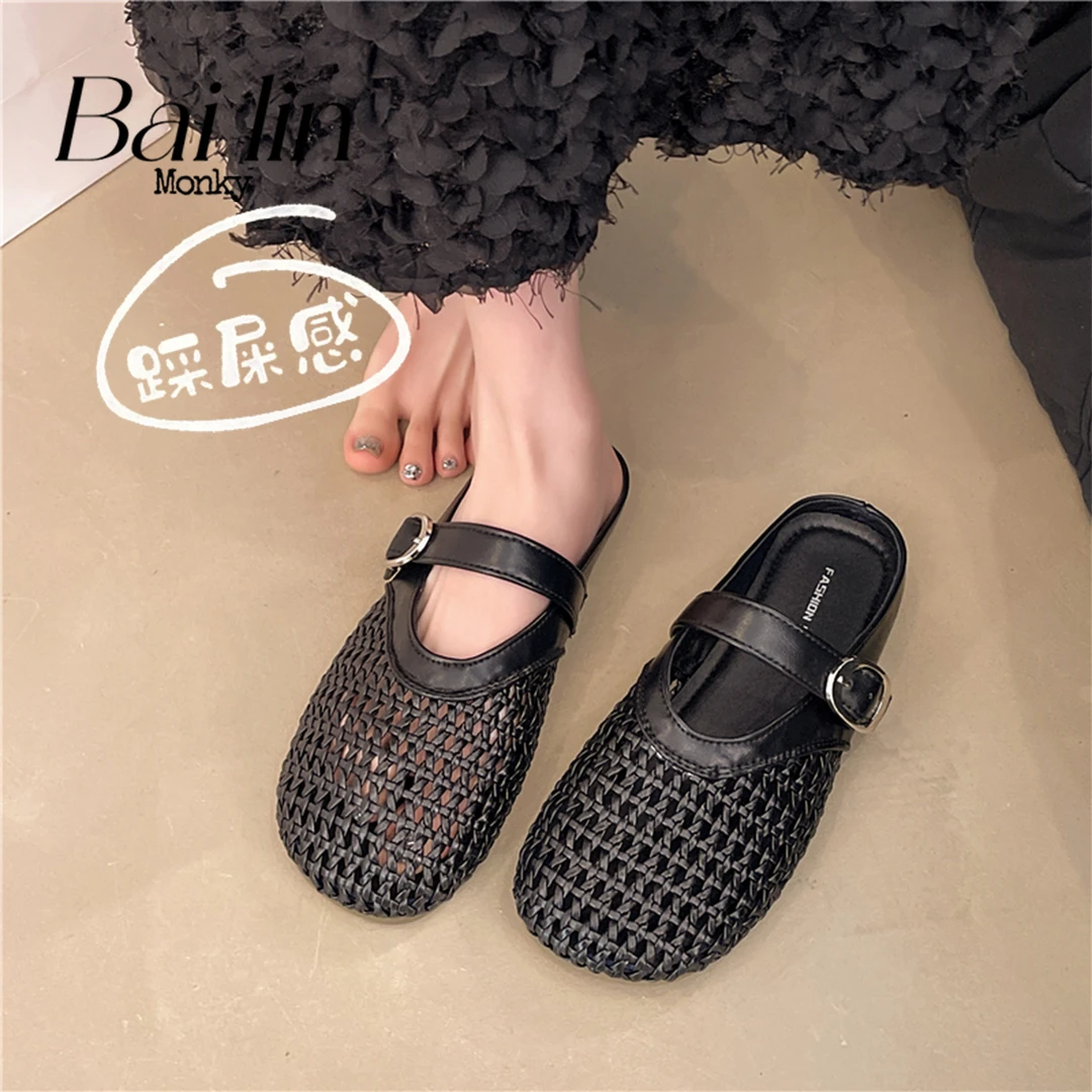 新款网面透气凉镂空平底编织法式一字带包头鞋子女款潮牌春夏女鞋