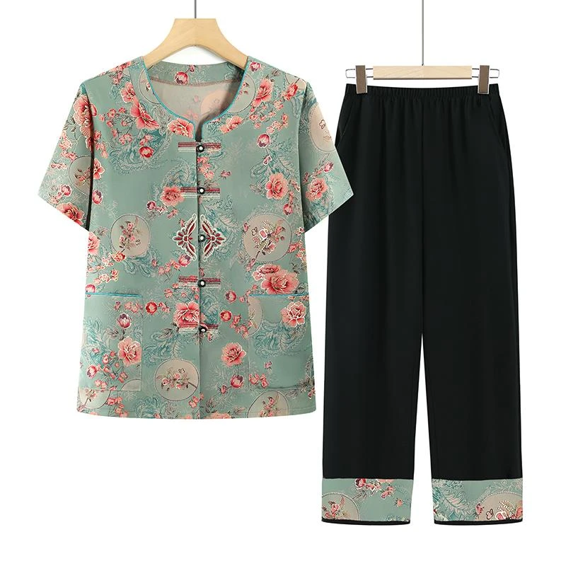 恒源祥彩羊中老年人夏装女奶奶装短袖衬衫妈妈装冰丝T恤上衣老人