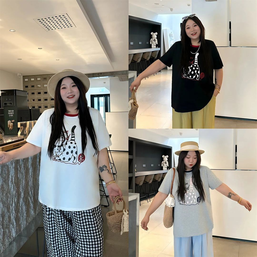 断码捡漏~绮幻诗笺 / 减龄洋气撞色T恤14746花契大码200斤胖mm
