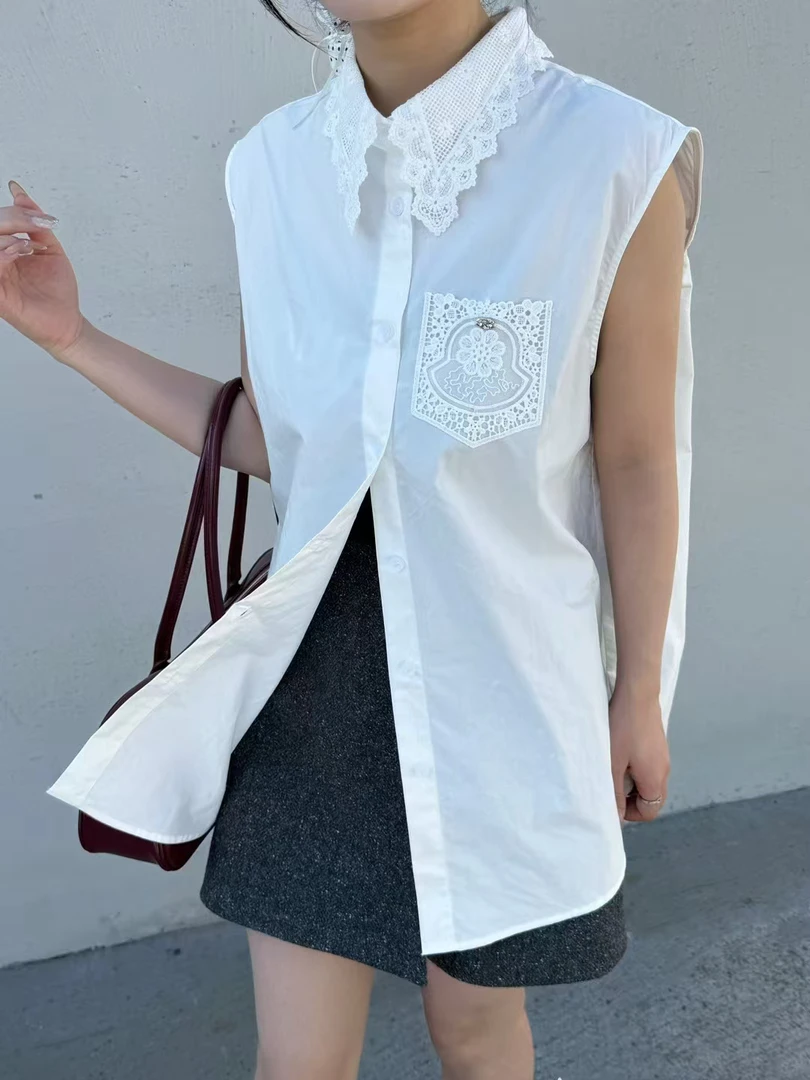 小众设计法式优雅蕾丝翻领无袖衬衫 单排扣弧形下摆气质无袖马甲