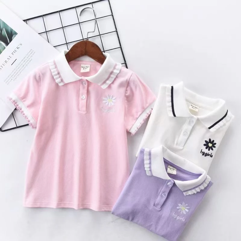 女童夏款小花刺绣POLO领短袖T恤