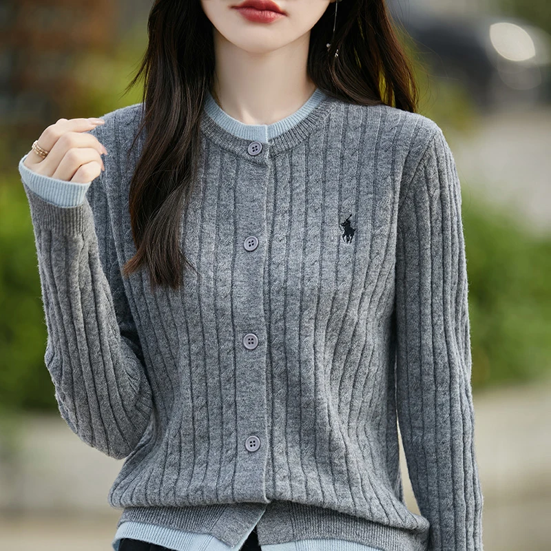 叠穿假两件100%纯羊毛衫圆领绞花麻花复古开衫外套内搭两穿毛衣P
