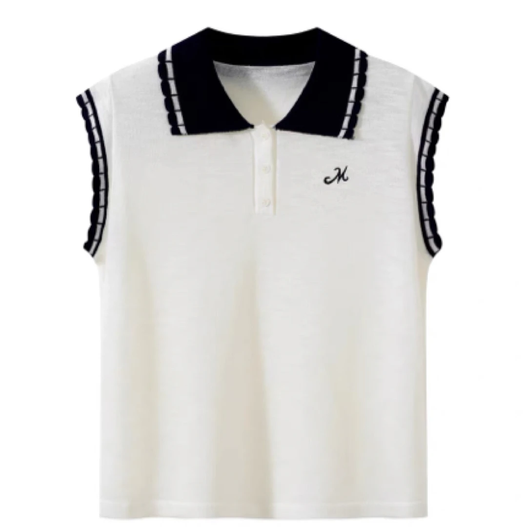 CHENXI 花边polo领针织t恤衫女2025夏季薄款小飞袖翻领上衣女5063