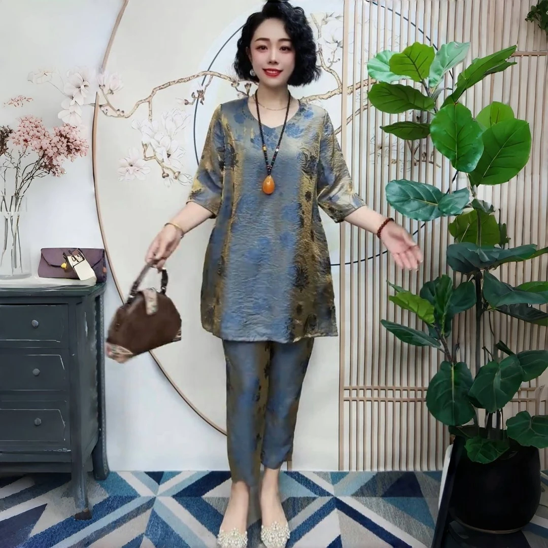 中式国风夏季宽松洋气中长款大版衬衫上衣珠光变色大码气质两件套