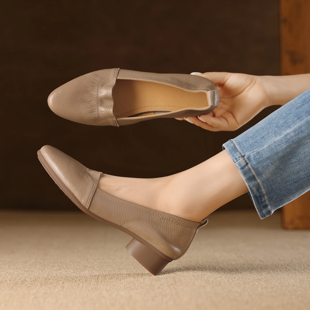 跟高3cm/羊34-40法式芒果头浅口单鞋拉皱软皮舒适一脚蹬纯色中跟