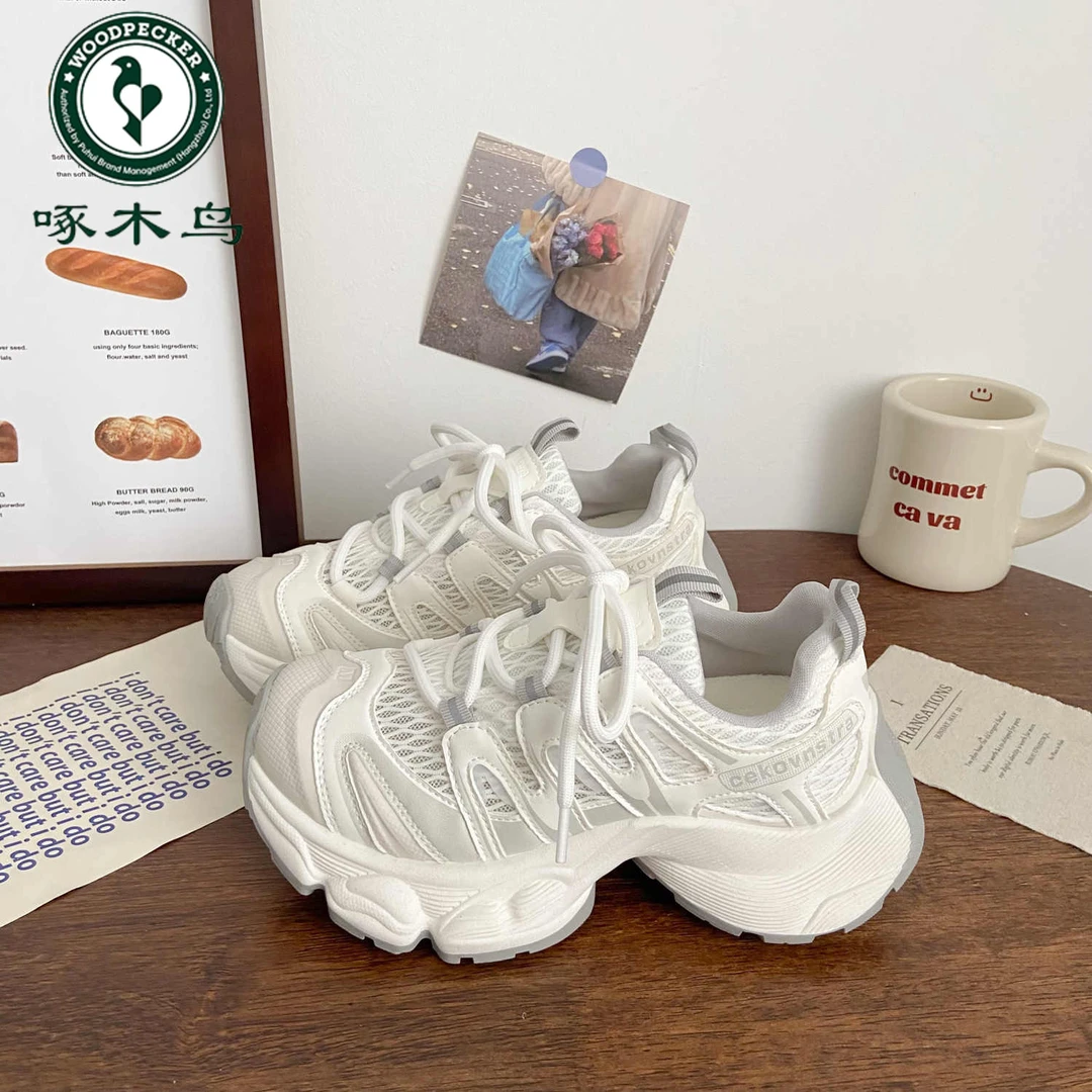 啄木鸟丑萌透网运动老爹鞋女圆头夏季新款韩版学生厚底小白鞋子