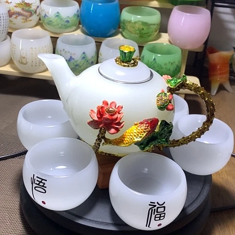 羊脂玉瓷琉璃中式珐琅彩年年有余一壶六杯礼盒套装