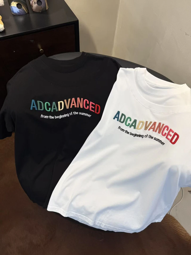 FR-【双层领】彩虹立体刺绣字母美式休闲情侣T恤