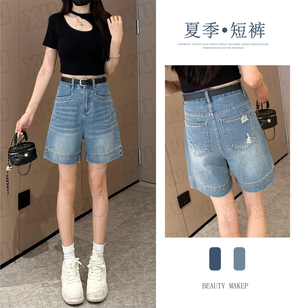 7566【送黑色腰带】2025夏季新款美式高腰显瘦破洞牛仔短裤女薄款Q