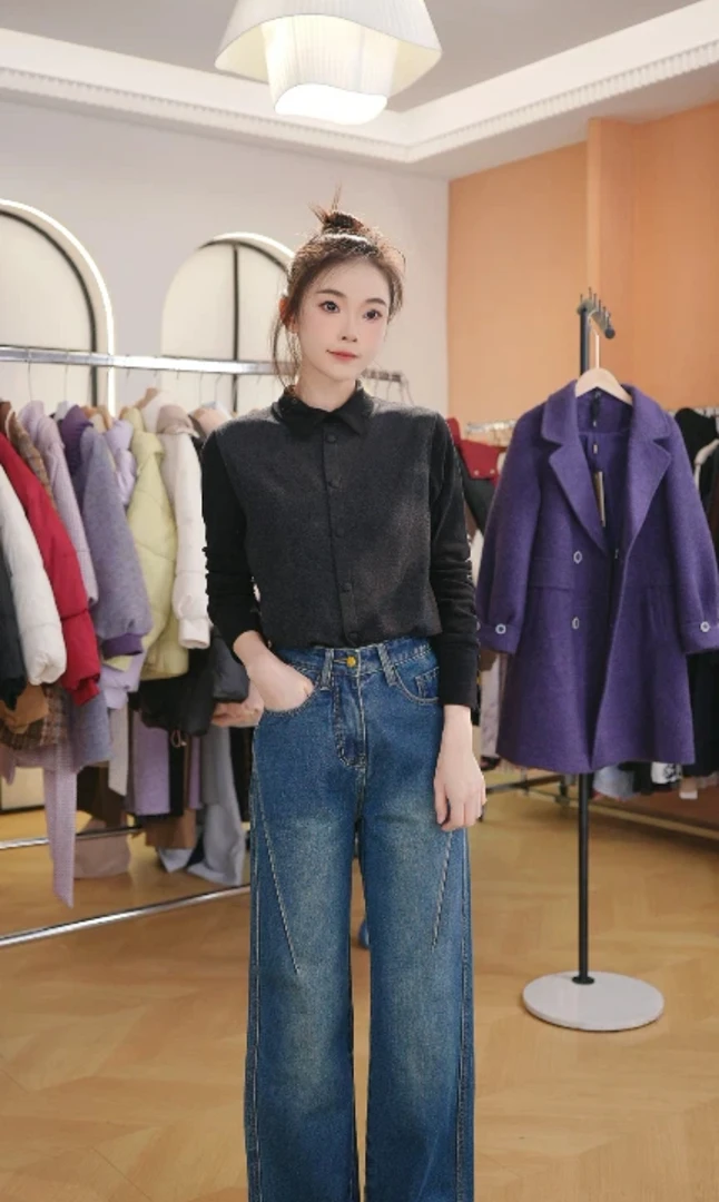 F3081保暖质感毛呢磨毛长袖女士秋冬修身衬衫