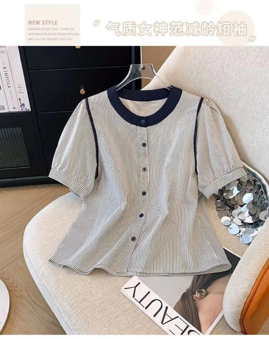 定型条纹绵绸四季通用U型领衬衫休闲干净短袖显瘦撞色设计感宽大