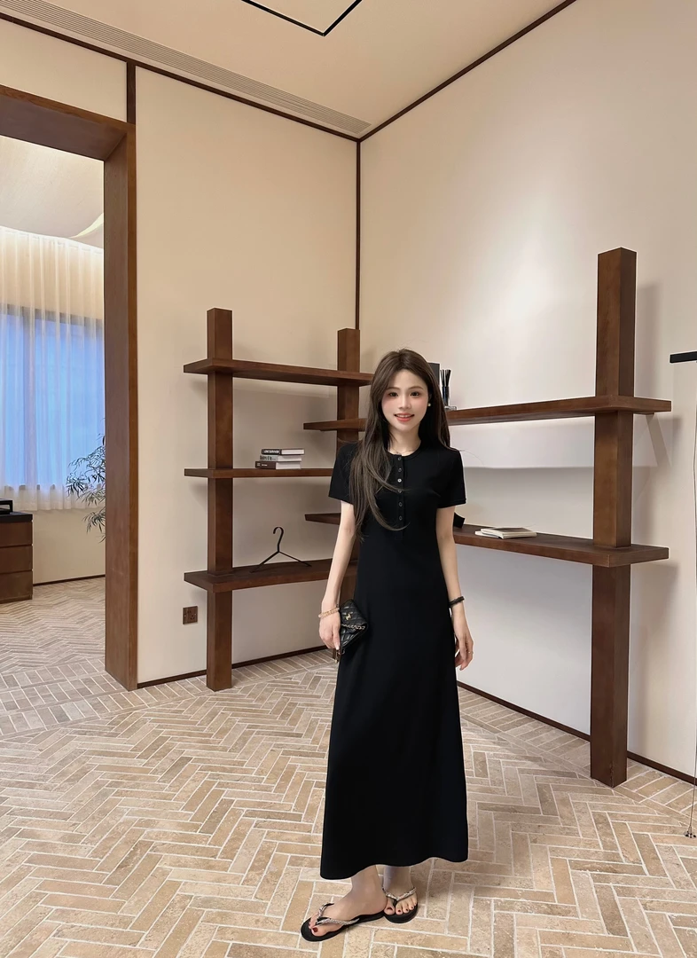 CJ【天鹅之恋】夏季百搭显瘦遮肉黑色连衣裙气质时尚高级长款裙子
