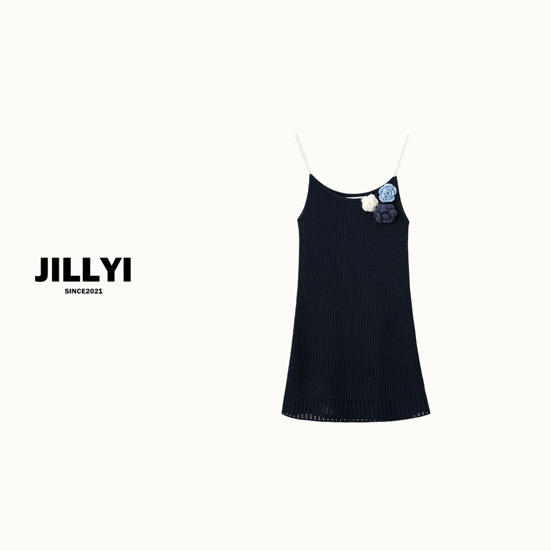 JILLYI珠海店【鸢尾花园】深蓝色手工3D花朵时尚慵懒风吊带针织连衣